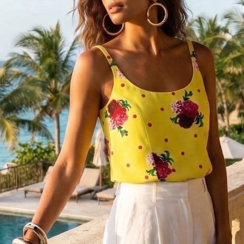 Marc Jacobs Yellow Floral Polka Dot Silk Lined Rayon Camisole Tank Top Sz 0